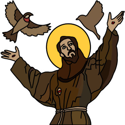 Saint Francis in atched brown Franciscan habit, hands up, halo and stigmata. two sparrows above him